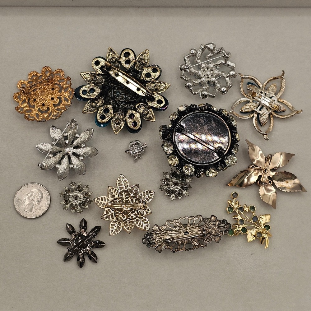 Floral Rhinestone Brooch Lot 13pc Colorful Vintage to Modern Pins - Picture 2 of 16